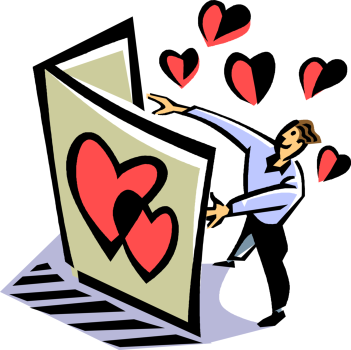 Vector Illustration of Romantic Amorous Man Reads Valentine's Day Greeting Card with Love Hearts