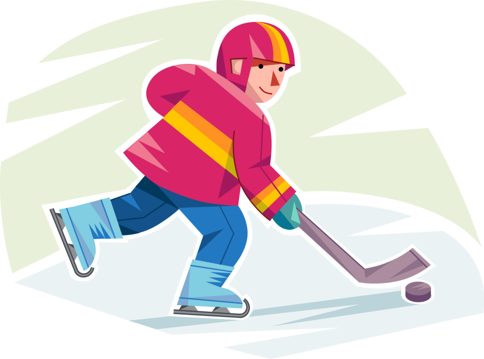 Vector Illustration of Young Ice Hockey Player Skates with Hockey Stick and Puck in Winter