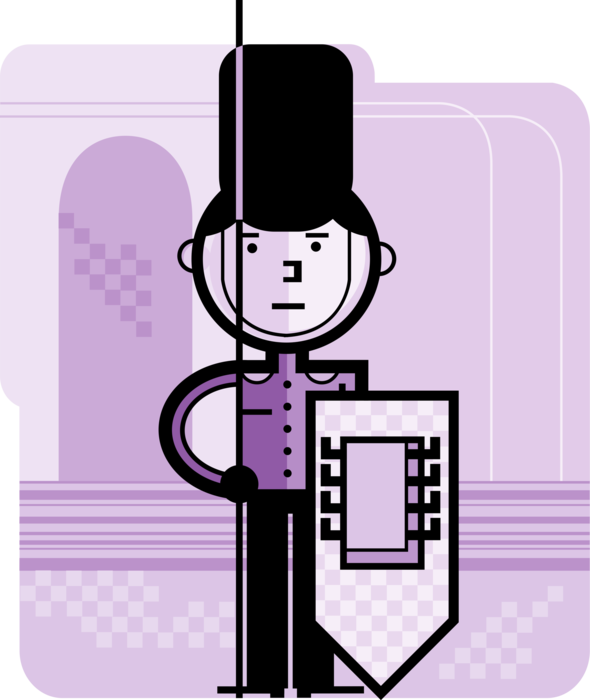 Vector Illustration of British Royal Guard in Bearskin Hat with Computer Circuit Chip on Shield