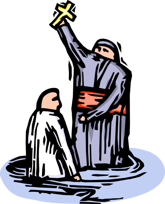 Vector Illustration of Christian Priest Performs Sacrament of Baptism in Water with Crucifix Cross