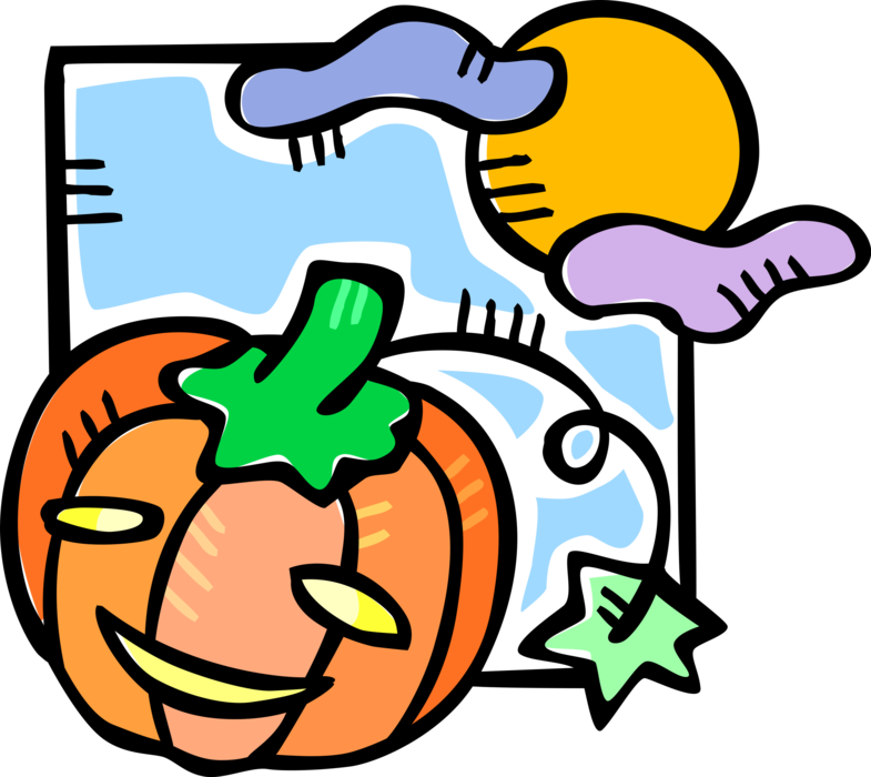 Vector Illustration of Halloween Trick or Treat Jack-o'-Lantern Carved Pumpkin with Full Moon