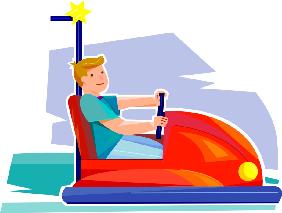 Vector Illustration of Primary or Elementary School Student Boy Rides Bumper Car Amusement Ride at Midway Fun Park