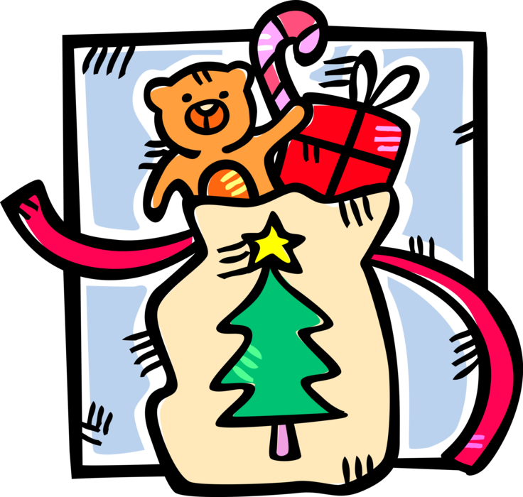 Vector Illustration of Santa Claus' Sack Full of Christmas Gifts and Presents with Stuffed Animal Teddy Bear, Candy Cane
