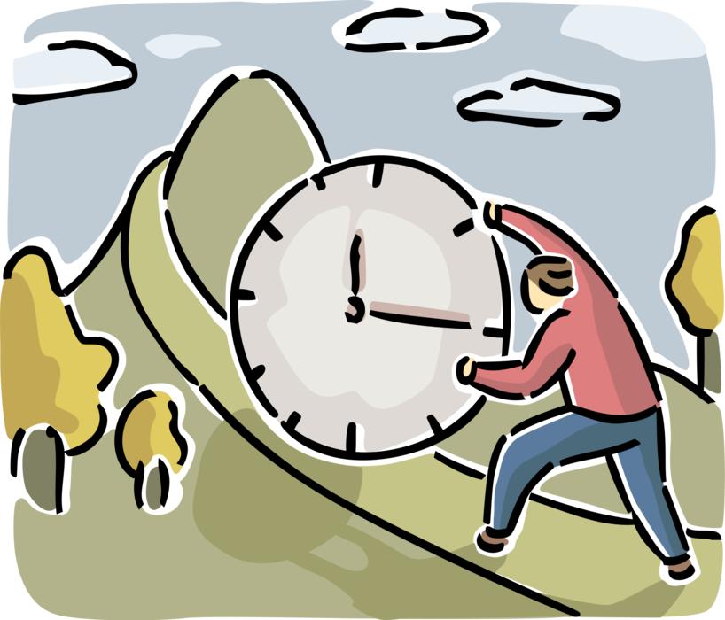 Vector Illustration of Businessman in Uphill Battle Against Time Pushing Clock Up Steep Terrain Hill on Schedule