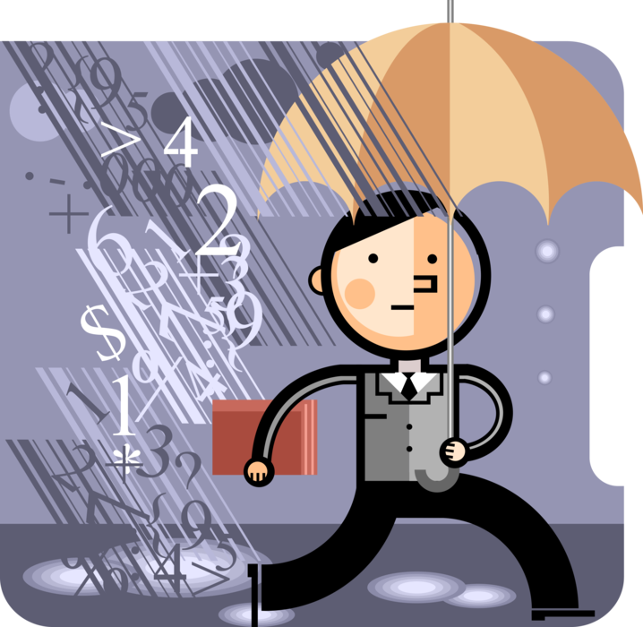 Vector Illustration of Businessman Escapes Turbulent Stock Market Storm Rain with Security Umbrella