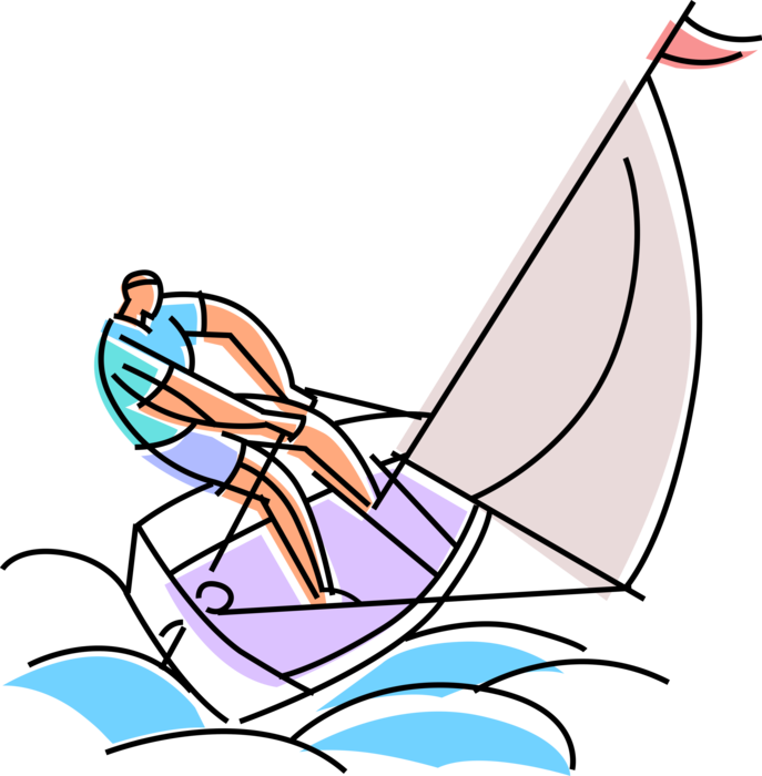 Vector Illustration of Sailor Sails Sailboat Watercraft Vessel Sailing in Rough Ocean Waves on Windy Day