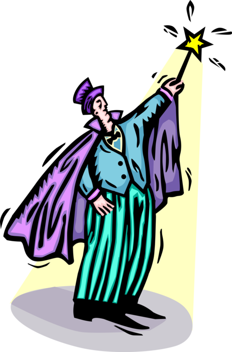 Vector Illustration of Big Top Circus Magician in Purple Cape Performs with Magic Wand