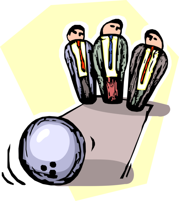 Vector Illustration of Sports Equipment Bowling Ball Strikes Down Businessmen Pins in Bowling Alley