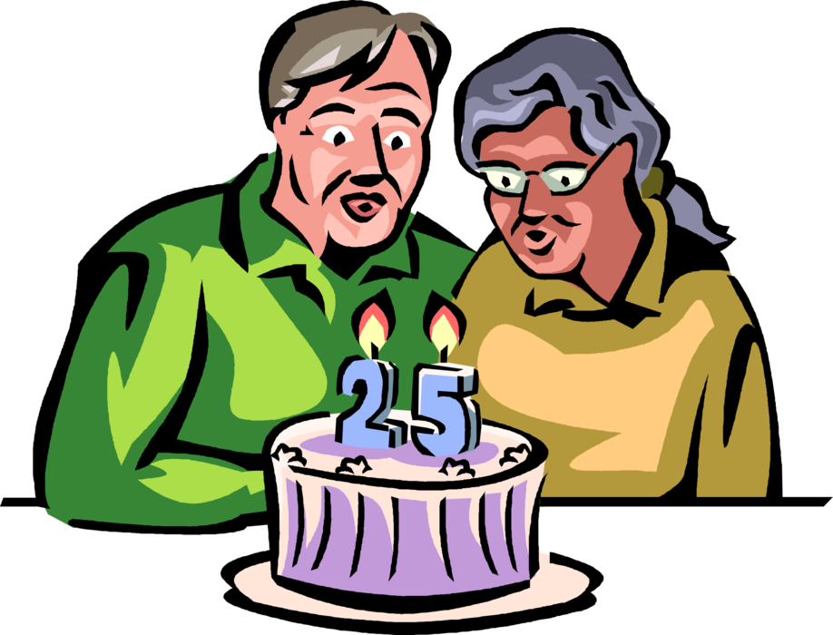 Vector Illustration of Married Husband and Wife Couple Celebrate Twenty Fifth 25th Wedding Anniversary with Cake and Candle