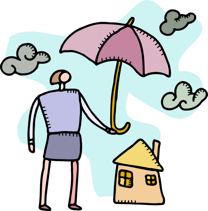 Vector Illustration of Homeowner Shelters House with Insurance Coverage Umbrella or Parasol Rain Protection