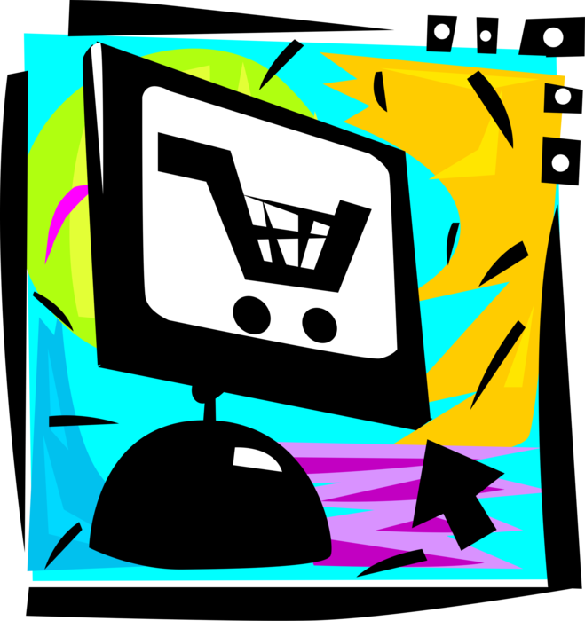 Vector Illustration of Online Internet Computer Purchase Transaction with Shopping Cart