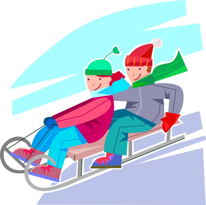Vector Illustration of Young Children Speed Down Snow Hill on Toboggan Sled in Winter