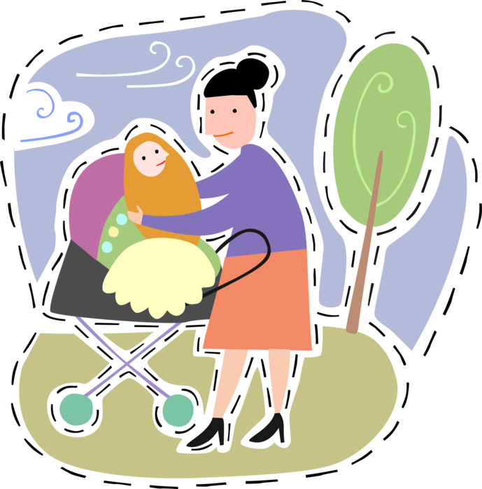 Vector Illustration of New Mother with Newborn Infant Baby Go for Walk in Stroller Pram Carriage