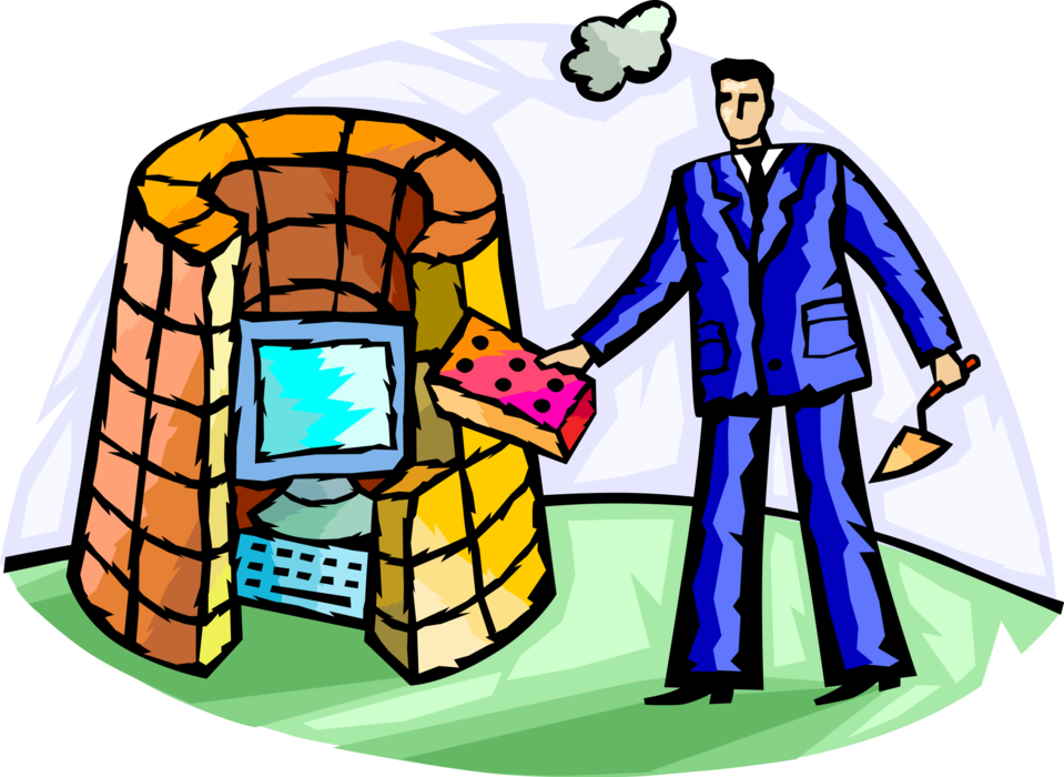 Vector Illustration of Businessman Builds Walled Fortress with Masonry Bricks Around Computer Technology