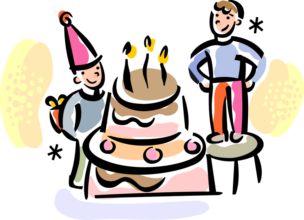 Vector Illustration of Birthday Boy Celebrates at Birthday Party with Birthday Cake and Candles