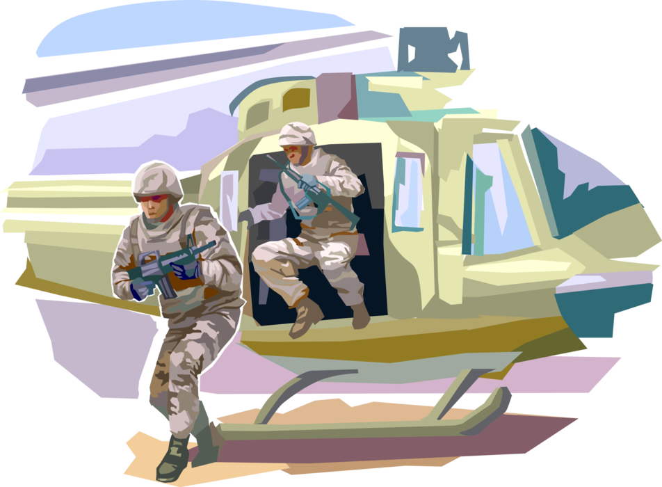 Vector Illustration of Armed United States Navy Seals Exit Helicopter in Military Combat Special Ops Mission
