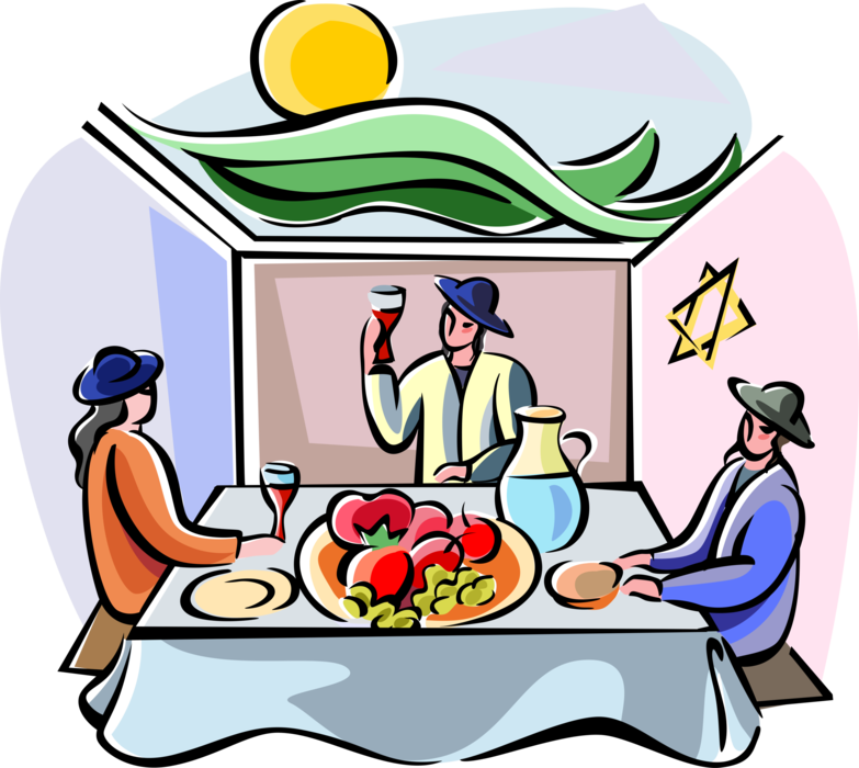 Vector Illustration of Sukkot Dinner in the Sukkah Temporary Harvest Hut for Week-Long Feast of Tabernacles
