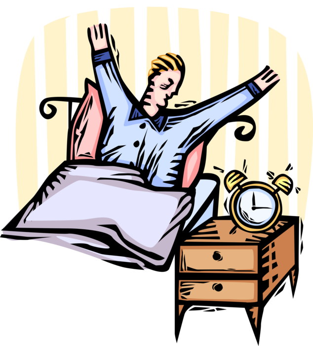 Vector Illustration of Happy to Be Alive Man Wakes Up in Bed in Morning with Alarm Clock Ringing