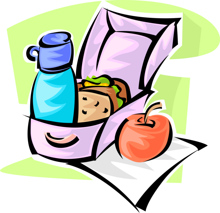 Vector Illustration of Lunchbox with Thermos, Lunch Sandwich and Fruit Apple