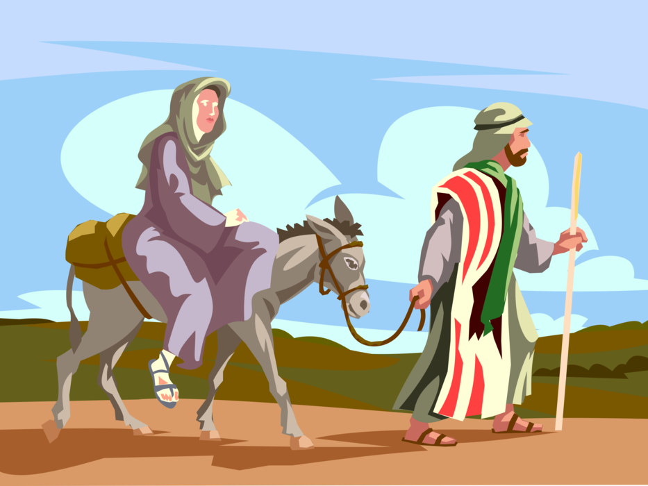 Vector Illustration of Mary with Joseph Rides Donkey to Bethlehem in Urgent Need of Delivering Baby Jesus