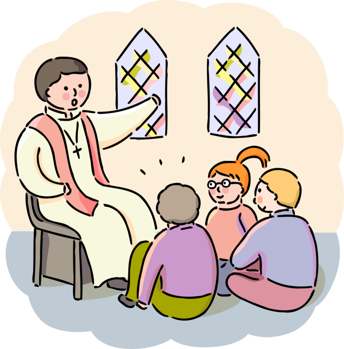 Vector Illustration of Sunday School Religion Students Learn Bible Studies from Christian Priest Cleric