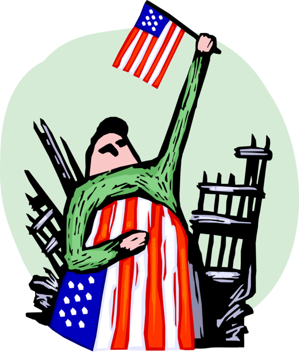 Vector Illustration of Patriotic Americans Pays Tribute to Victims of Terrorism Waving American Flag