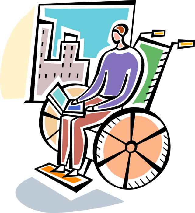 Vector Illustration of Online Internet Access by Handicapped or Disabled User in Wheelchair used by Injured or Disabled People