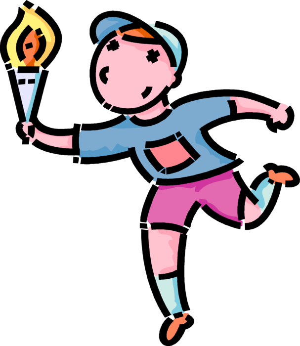 Vector Illustration of Primary or Elementary School Student Boy Runs with Olympic Torch Flame