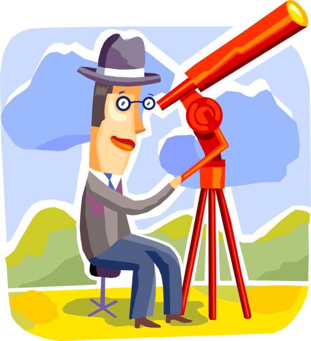 Vector Illustration of Businessman Looks Through Telescope to Observe the Known Universe