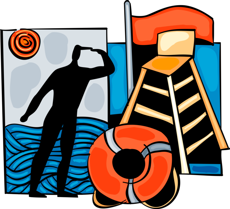 Vector Illustration of Lifeguard Keeping Watch on Beach Swimmers with Binoculars and Life Preserver