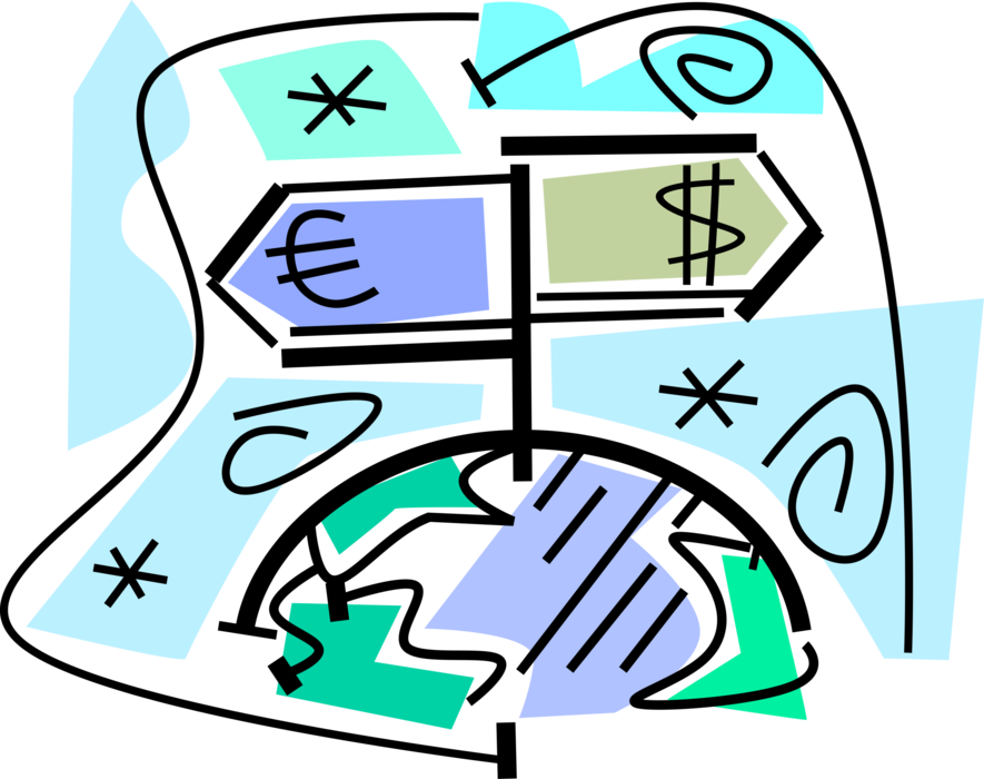 Vector Illustration of International Financial Stock Market Direction Sign with Euro and Dollar Cash Currency