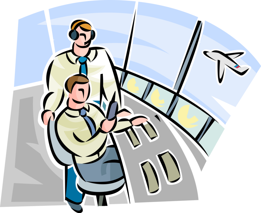 Vector Illustration of Airport Terminal Air Traffic Control Tower Controllers Monitor Airplanes Taking Off and Arriving