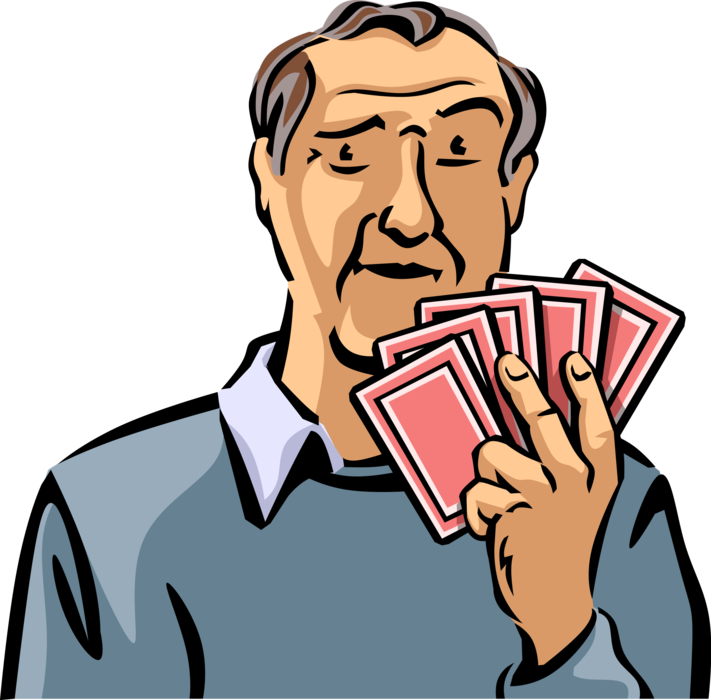 Vector Illustration of Senior Citizen Gambler has Full Hand with Casino and Gambling Games of Chance Playing Cards