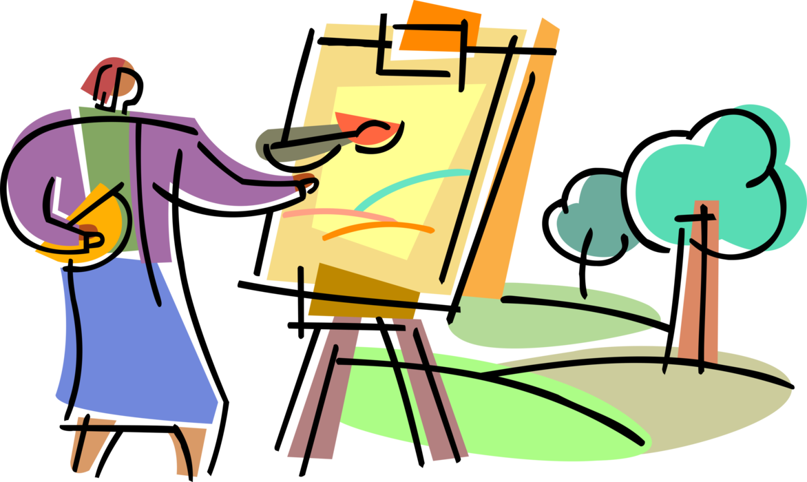 Vector Illustration of Visual Arts Painter Paints Landscape Picture Outdoors with Canvas and Easel