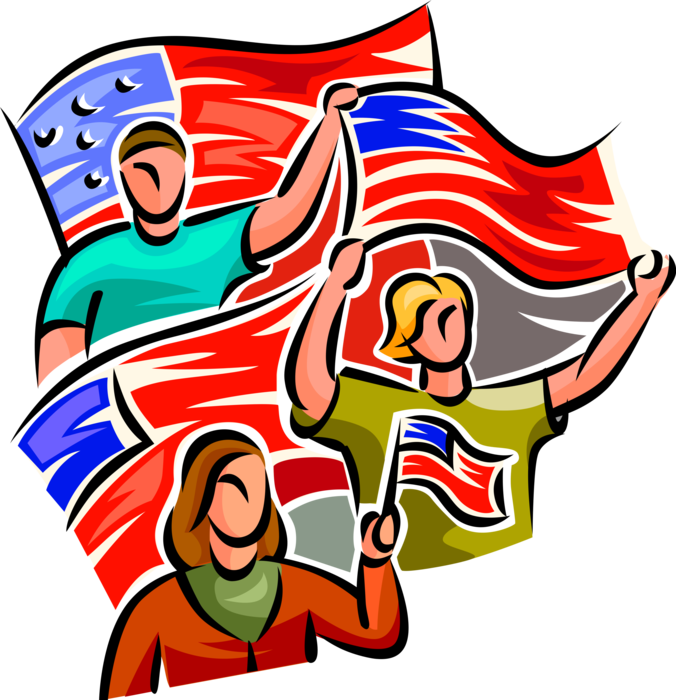 Vector Illustration of American Patriots Proudly Waving United States of America American Flags