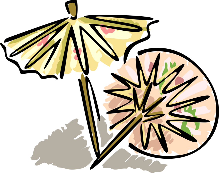 Vector Illustration of Asian Umbrella or Parasol Rain Protection with Folding Decorative Hand Fan