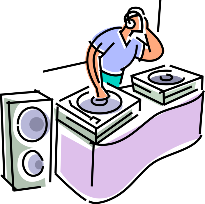 Vector Illustration of Disc Jockey DJ Deejay in Nightclub Scratching with Record Turntable Audio Entertainment Stereo System