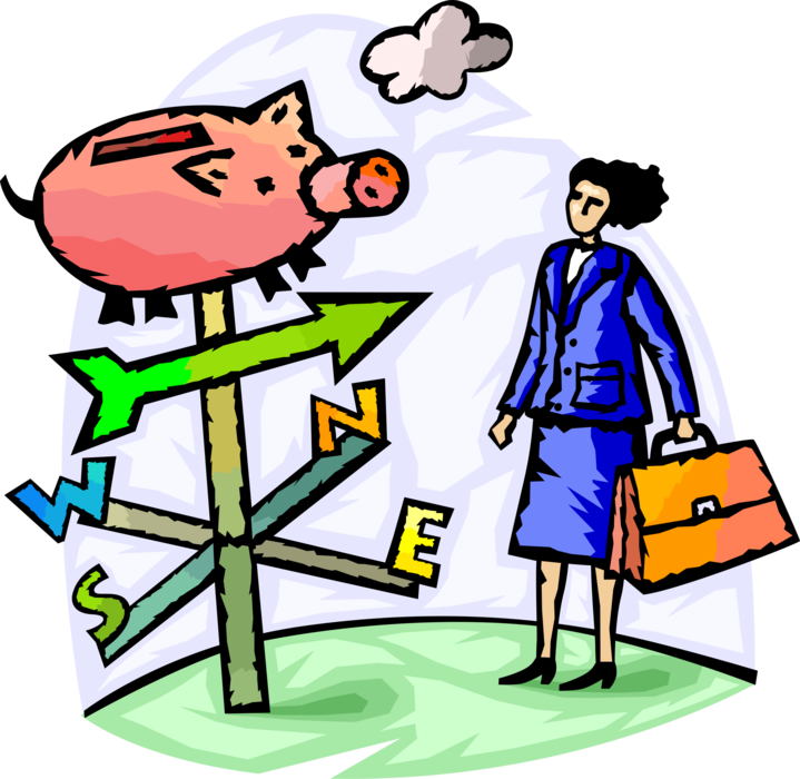 Vector Illustration of Businesswoman Analyses Financial Market Trends with Piggy Bank Weather Vane or Weathercock Indicator