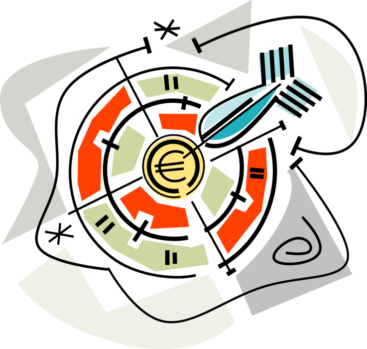 Vector Illustration of Financial Darts with Euro Eurozone Currency Dartboard Bullseye or Bull's-Eye