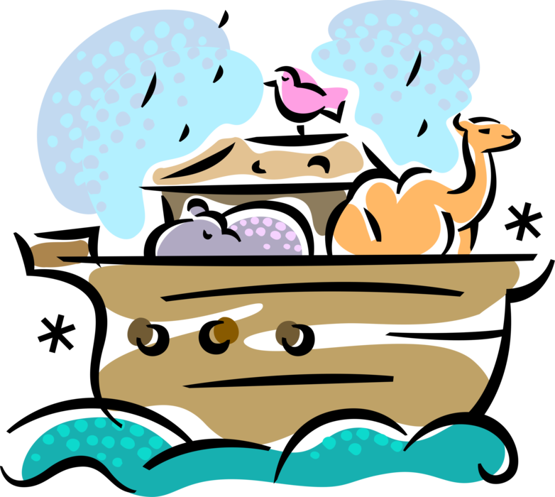 Vector Illustration of Noah's Ark from Genesis Flood Narrative with Camel, Hippo, and Bird Animals