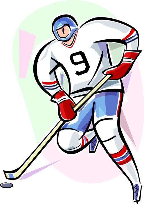 Vector Illustration of Sport of Ice Hockey Player Skates with Hockey Stick and Puck During Game 