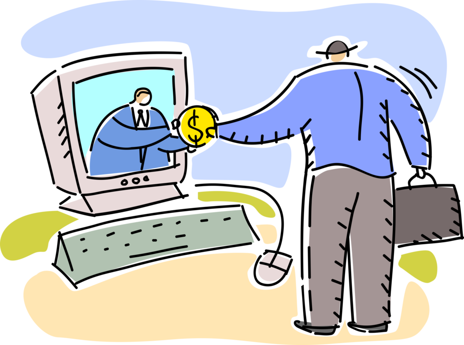 Vector Illustration of Businessman Accepts Financial Transaction Cash Money Coin via Online Internet Ecommerce Transaction