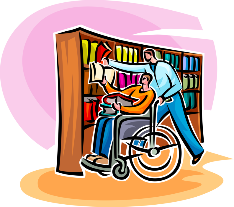 Vector Illustration of Friend Provides Assistance During Visit to Library in Handicapped or Disabled Wheelchair