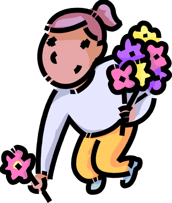 Vector Illustration of Primary or Elementary School Student Girl Picks Summer Flowers
