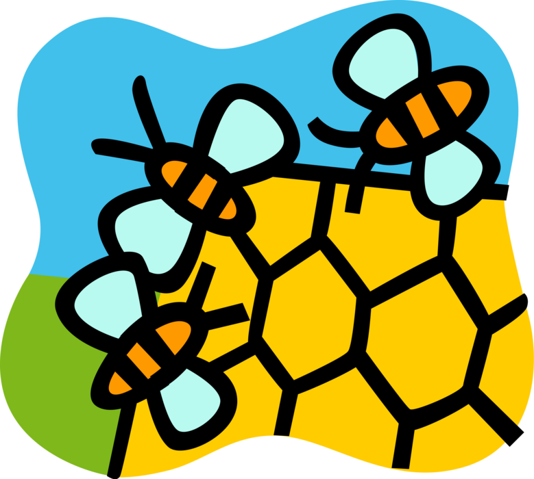 Vector Illustration of Apiary Beehives with Honeybee Honey Production, Hive Honeycomb