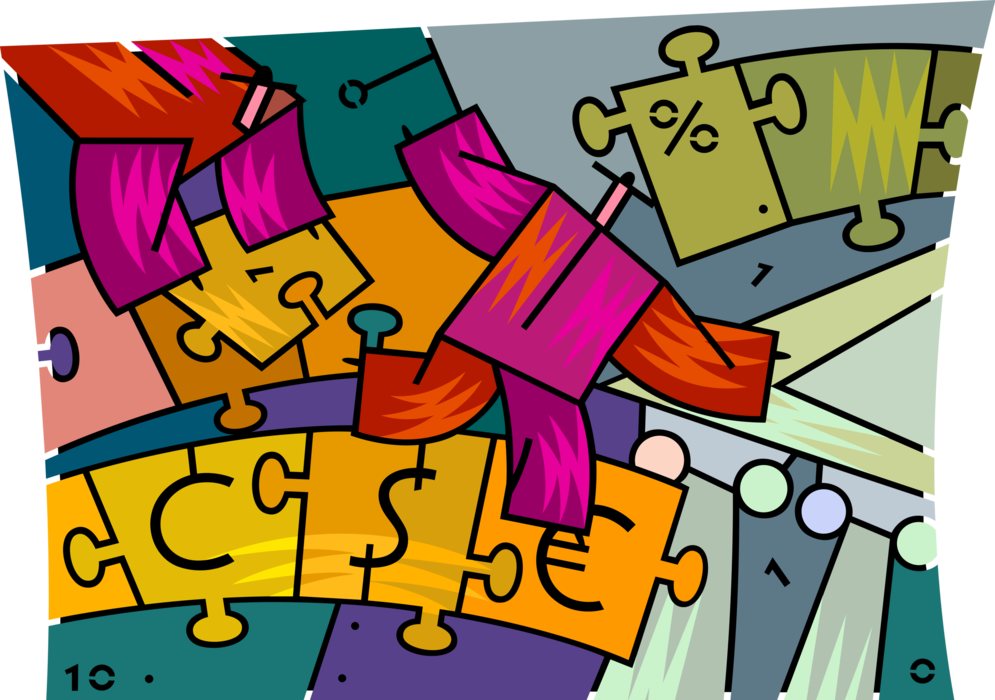 Vector Illustration of Business Associates Construct International Financial Path to Success with Jigsaw Puzzle Pieces