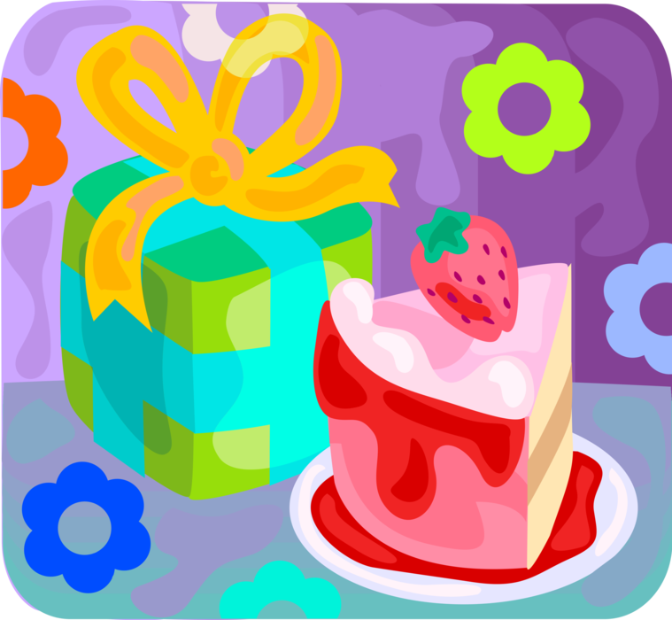 Vector Illustration of Sweet Dessert Birthday Cake with Strawberry Fruit and Gift Present with Ribbon Bow