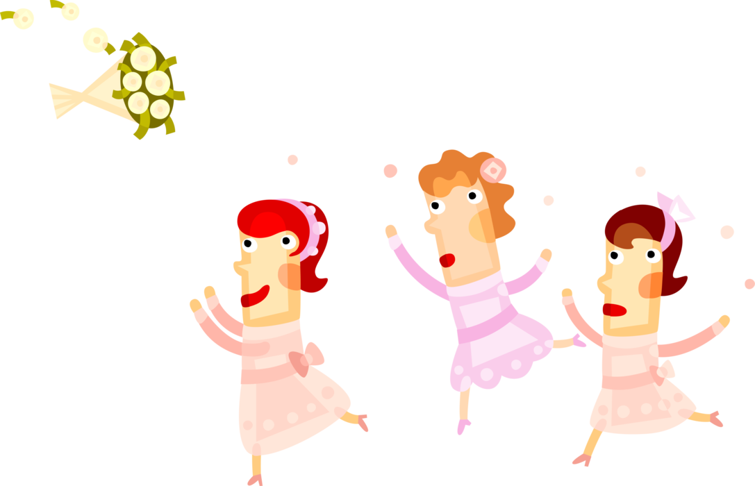 Vector Illustration of Lovelorn Bridesmaids in Mad Dash to Catch Bride's Wedding Flower Bouquet After Marriage Ceremony