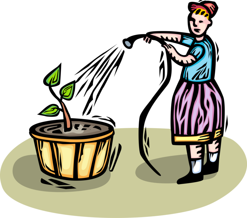 Vector Illustration of Girl Waters Flower Plant with Garden Watering Hose