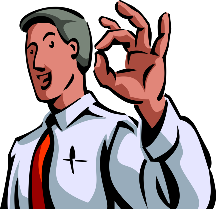 Vector Illustration of Businessman Signals Success of Accomplishment with A-OK A-Okay Gesture Hand Sign